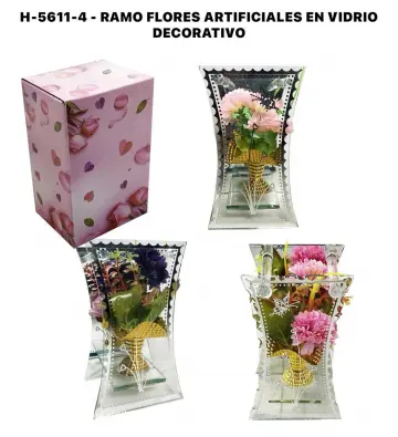 RAMO DE FLORES ARTIFICIALES EN VIDRIO DECORATIVO 15X8X7.2 CM RF:5611-4
